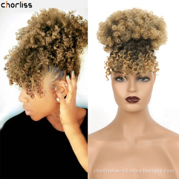 Best Selling Mutl-Color 4 Inch Real Curly Messy Bun For Women Kinky Curl Puff Afro Drawstring Synthetic Chignon With Bangs